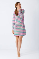 Damen sleepshirt 95 cm premium cotton mit knöpfen vorne in pink und petrol kariert aus baumwolle