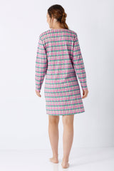 Damen sleepshirt 95 cm aus hochwertiger baumwolle in pink und türkis kariert mit rundhalsausschnitt und ärmeln