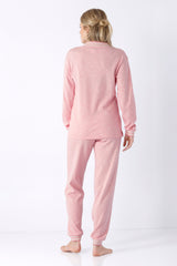 Damen schlafanzug aus premium baumwolle in rosa mit weißen bündchen an kragen und manschetten