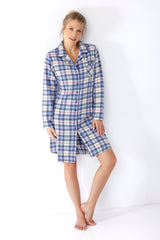 Damen nachthemd pyjama 100 cm aus web flanell mit blau weiß und hellgrün kariertem muster und knöpfen vorne