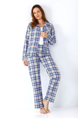 Damen schlafanzug pyjama web flanell in blau weiß und hellrosa karo aus weichem flanellstoff