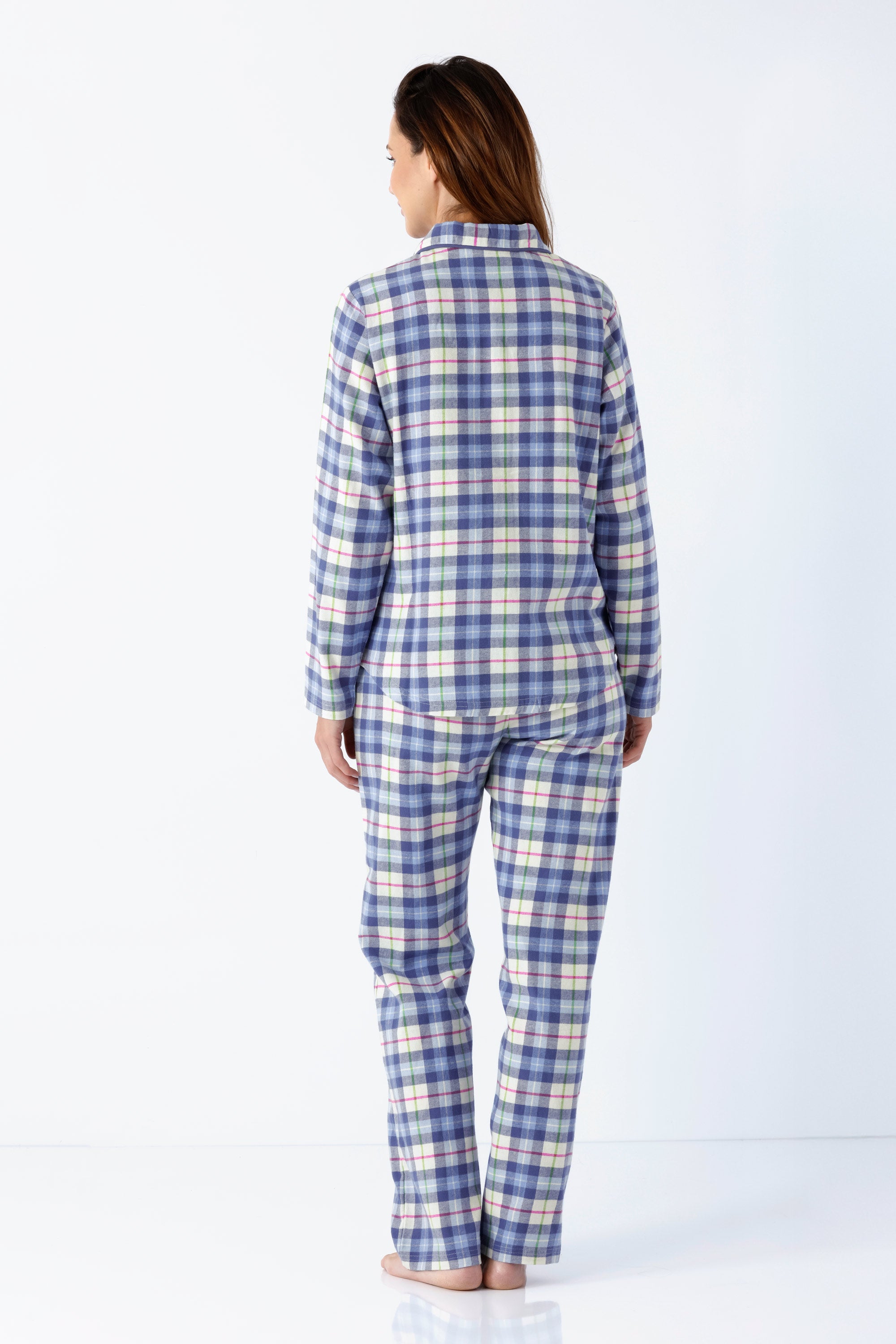 Damen schlafanzug pyjama web flanell blau weiß kariertes langärmeliges oberteil und hose aus flanell