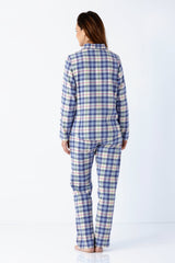 Damen schlafanzug pyjama web flanell blau weiß kariertes langärmeliges oberteil und hose aus flanell