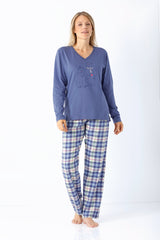 Damen schlafanzug web flanell blaue langarm v ausschnitt oberteil mit gesticktem bärmotiv