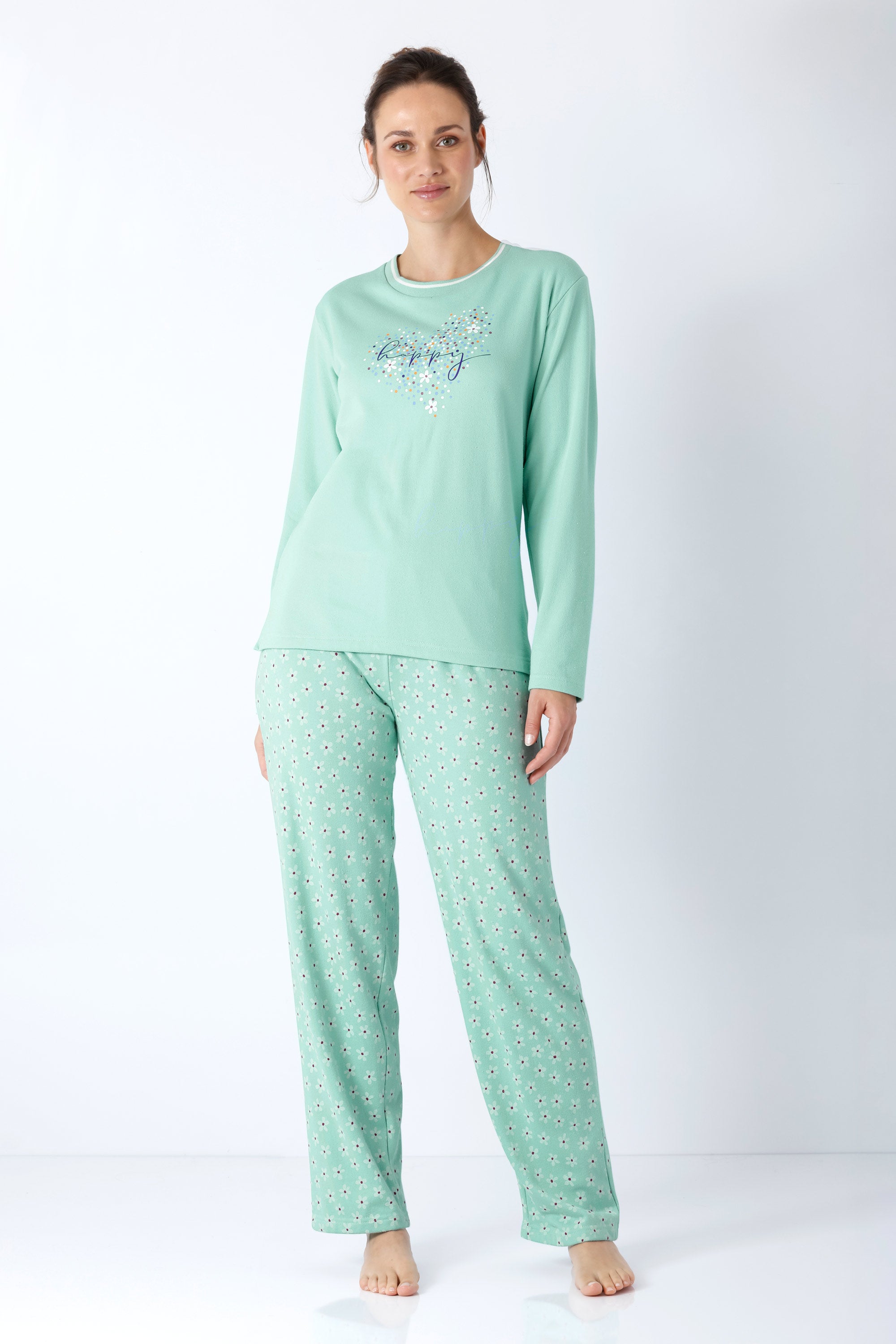 Damen schlafanzug premium cotton in mintgrün mit langen ärmeln, dezenten punkten und funkelndem kiss-aufdruck
