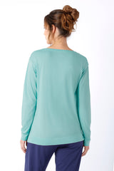Damen shirt mio x mia in softem minzgrün aus premium cotton tencel modal mit rundhalsausschnitt und leichtem stoff