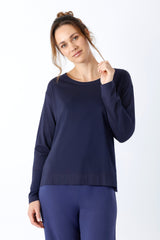 Damen shirt mio x mia navyblaues langarmshirt mit entspanntem sitz und rundhalsausschnitt aus premium cotton und tencel modal