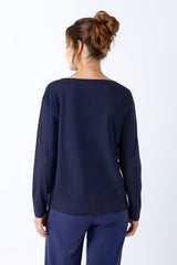 Damen shirt mio x mia navyblau mit rundhalsausschnitt aus premium baumwolle und tencel modal in fließendem stoff