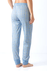 Damen hose mit bündchen mio x mia aus premium cotton tencel modal in hellblau kariert mit gelben linien und kleinen dunklen punkten