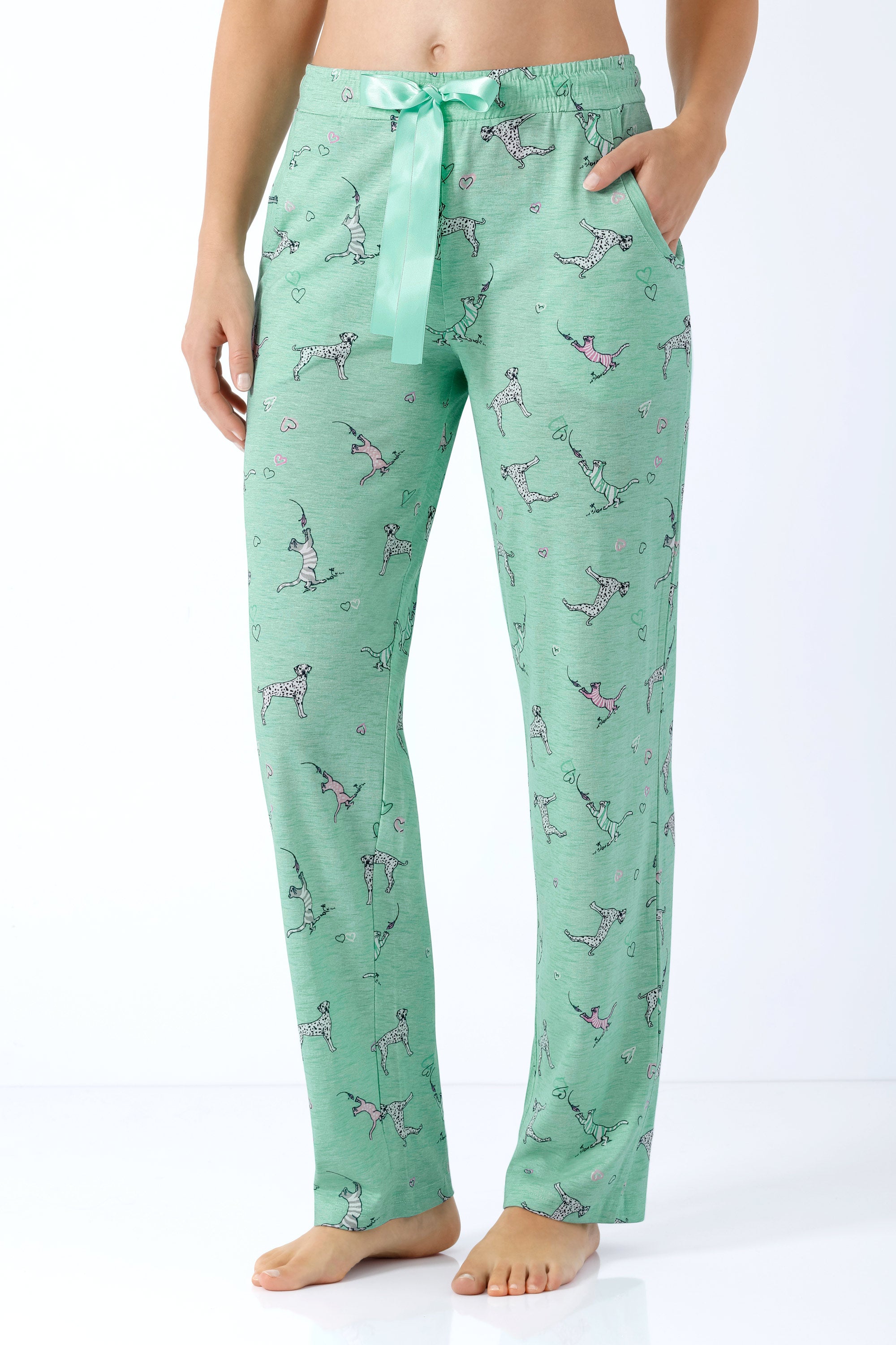 Mintgrüne Damen Hose Mio x Mia Premium Baumwolle TENCEL Modal mit elastischem Bund, Hunde- und Herzmuster