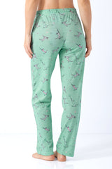 Mintgrüne damen hose mio x mia aus premium cotton tencel modal mit cartoon hunden und rosa herzenmuster