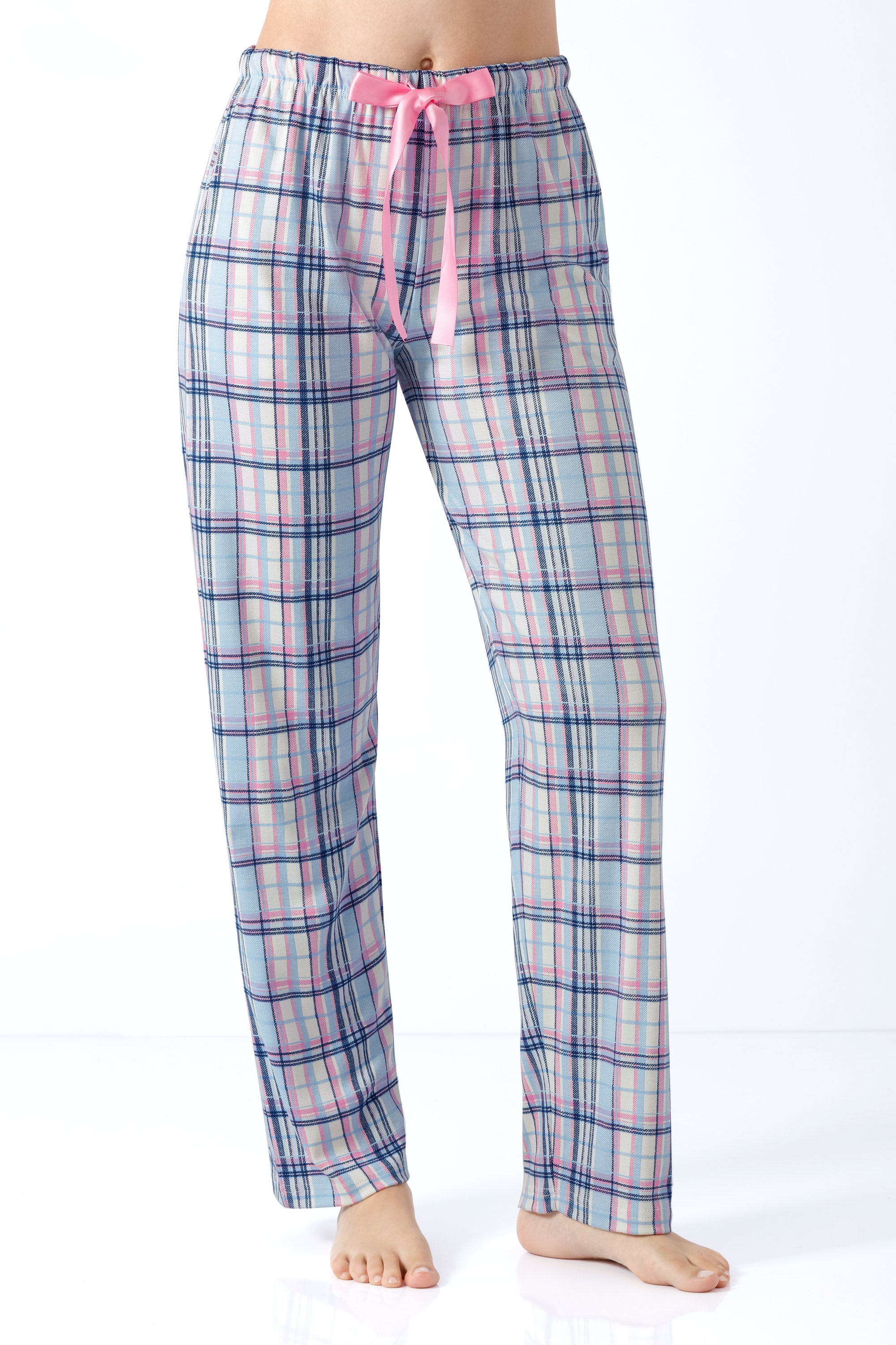 Damen hose mio x mia aus premium cotton tencel modal mit pink blau hellgrauem karomuster und pinkem bindeband