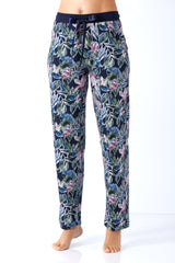 Damen hose mio x mia premium cotton tencel modal dunkelblaue schlafhose mit lebhaftem blumenmuster und satinzugband