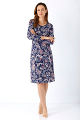 Damen nachthemd 100 cm navyblau mit floralem print aus premium baumwolle und tencel modal mit langarm und rundhals