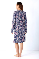 Damen nachthemd navy mit floraler muster v-ausschnitt aus premium cotton tencel modal, langarm und figurbetont