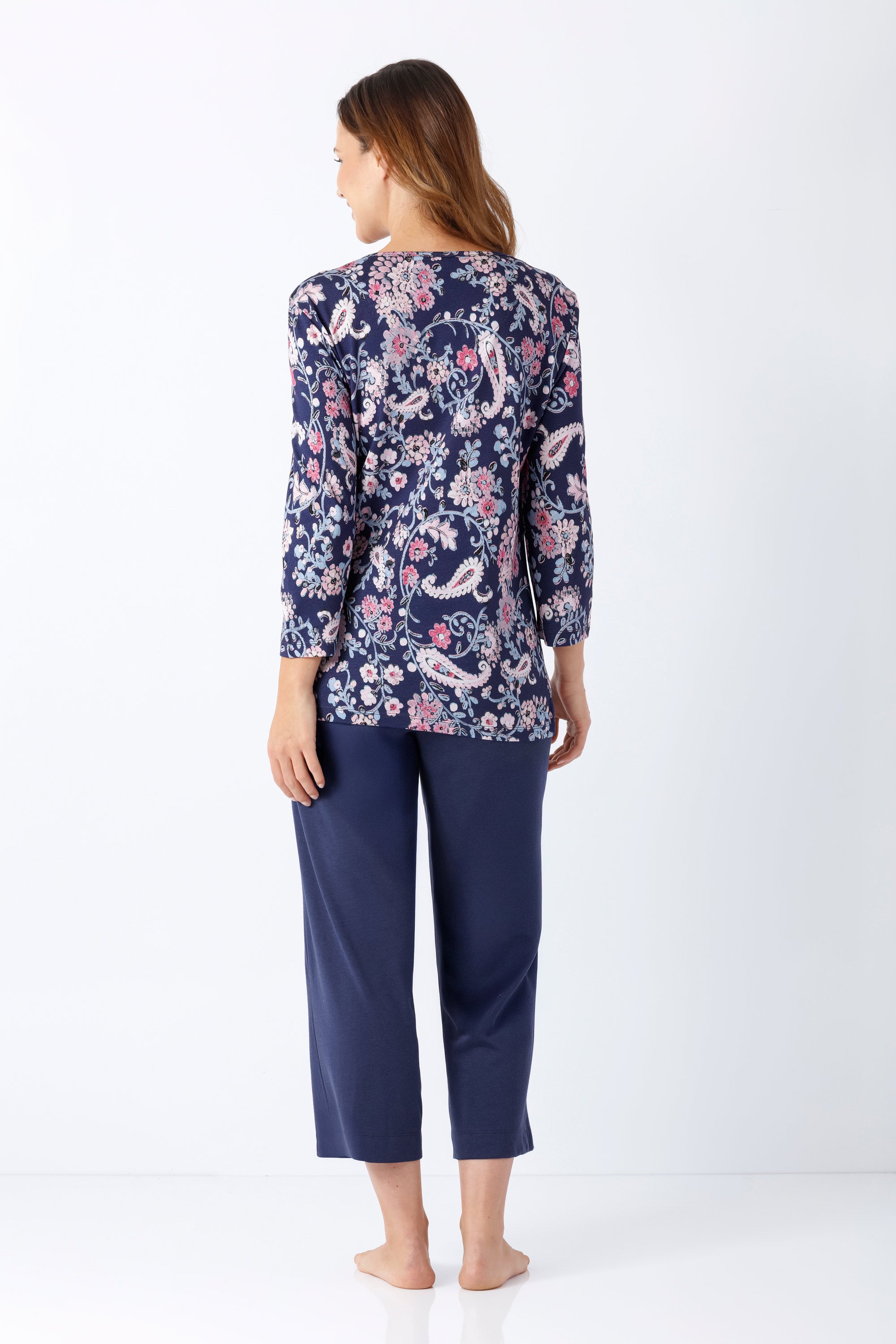 Damen schlafanzug 7/8 palazzo in marineblau mit floralem muster aus premium baumwolle und tencel modal