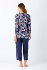Damen schlafanzug 7/8 palazzo in marineblau mit floralem muster aus premium baumwolle und tencel modal