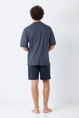 Navyblaues herren schlafanzug shorty mit kurzem ärmel aus premium baumwolle und weißem geometrischem muster