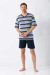 Nos herren schlafanzug shorty klima-light mit v ausschnitt kurzarmoberteil in marine blau hellblau grau und dunkelblauer hose