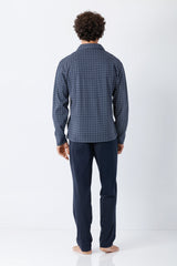 Navy blaue langärmelige herren schlafanzug pyjama premium baumwolle mit feinem geometrischem muster