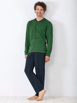 Grünes V-Ausschnitt Langarmhemd mit Marinehose, legeres Outfit-Set.