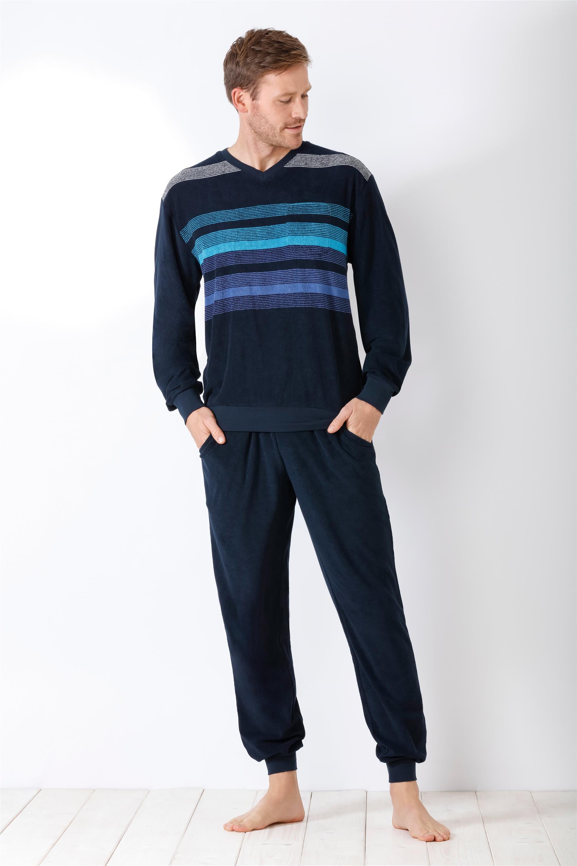 Marineblau gestreiftes langärmeliges Schlafanzugset für Herren.