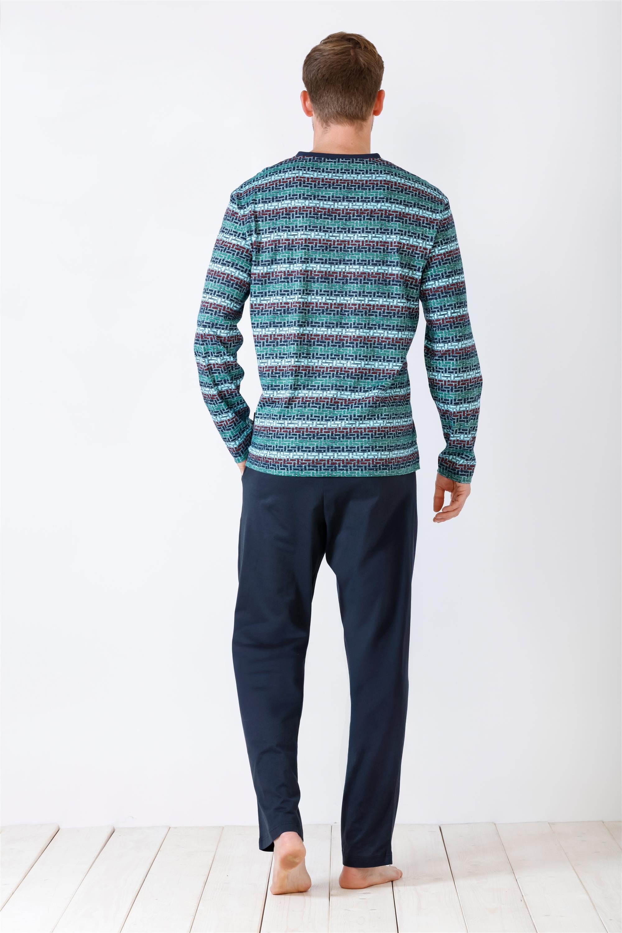 Gestreiftes langärmeliges Pyjama-Set für Männer in Petrol und Marineblau.