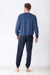 Marineblaues gemustertes Langarm-Pyjama-Set für Herren.