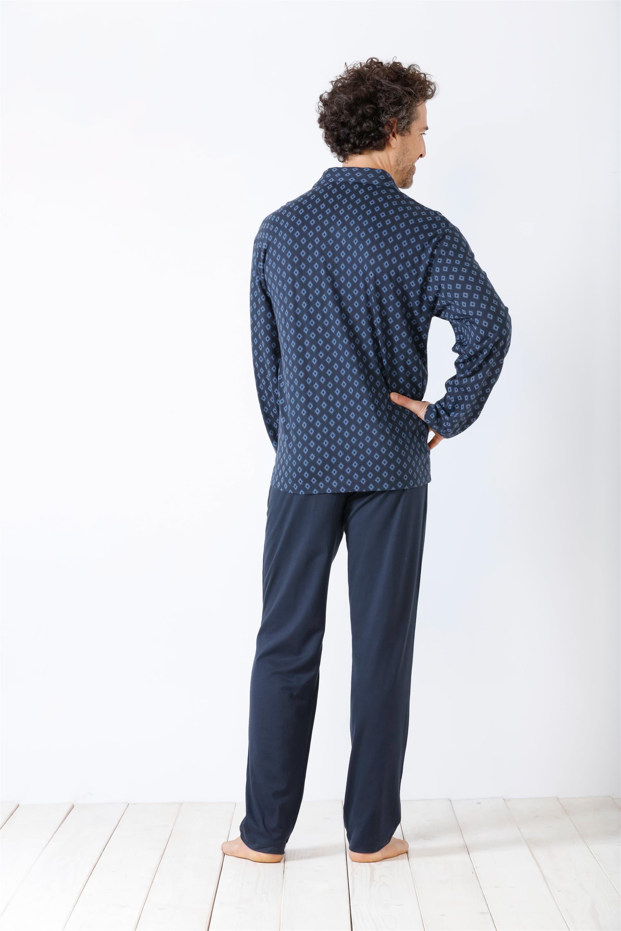 Marineblaues gemustertes Langarm-Pyjama-Set für Herren.