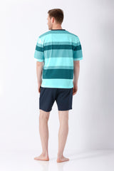 Mann in Klima Komfort® Herren Schlafanzug Shorty: teal-grüne Streifen, navy Shorts