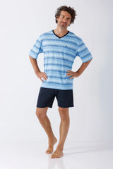 Herren Schlafanzug Shorty Klima-Soft blau-weiß gestreift mit schwarzem V-Ausschnitt