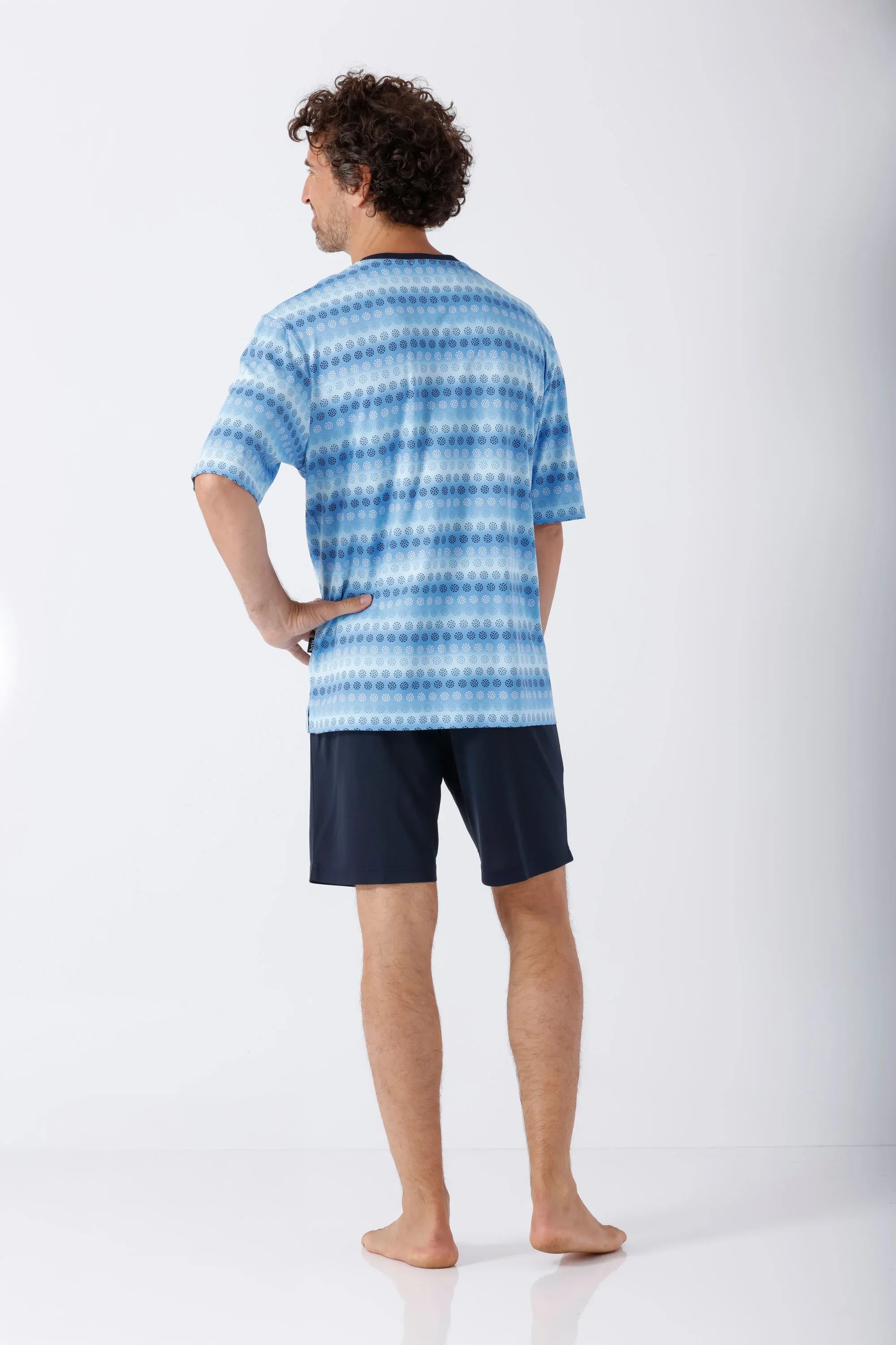 Herren Schlafanzug Shorty Klima-Soft blau gestreift kurzarm