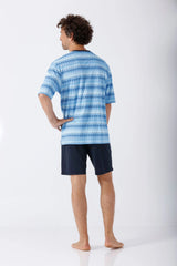Herren Schlafanzug Shorty Klima-Soft blau gestreift kurzarm