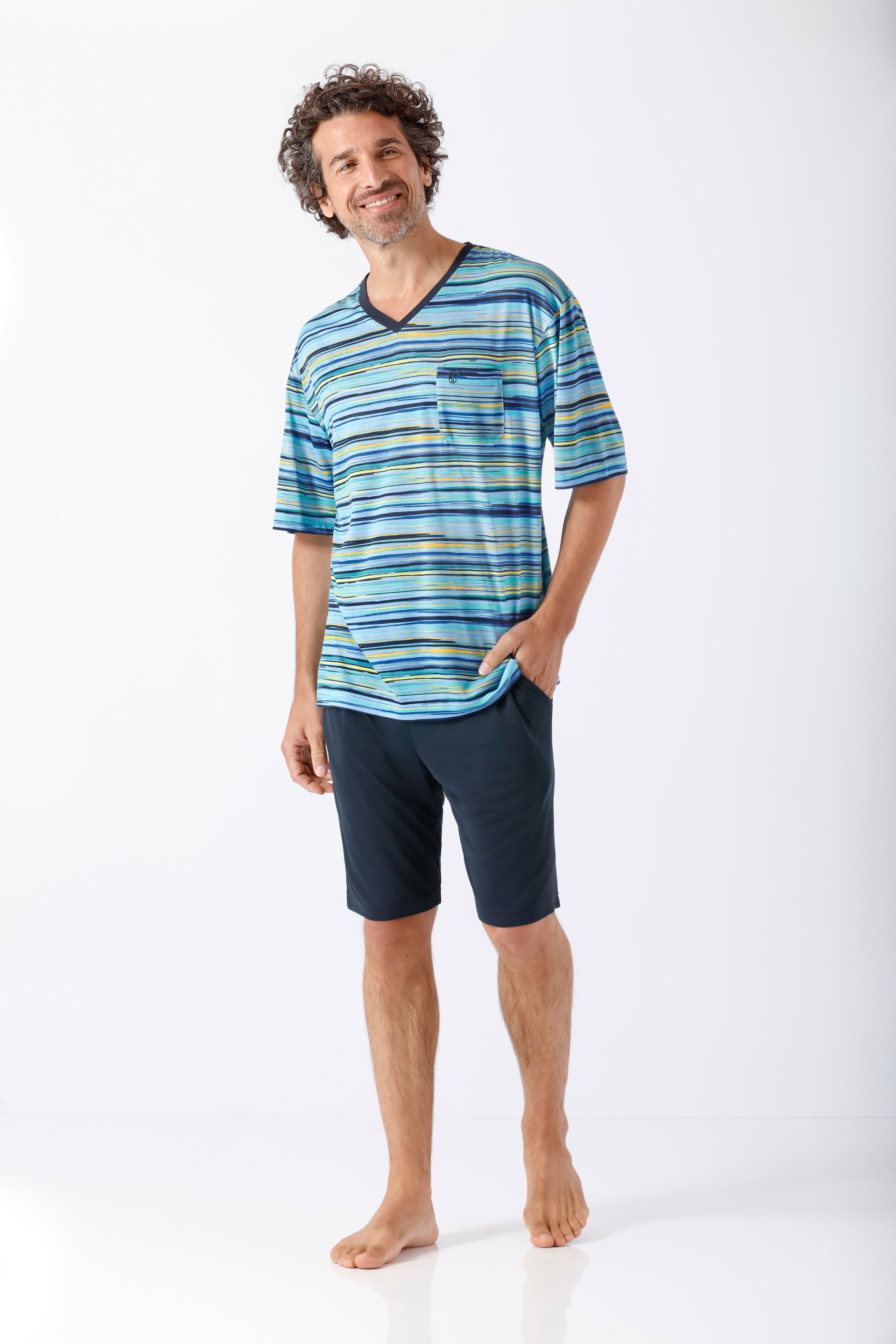 Herren Kurzarm-Schlafanzug Shorty Bermuda Klima-Soft® in Blau-Grün-Gelb