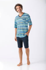 Herren Kurzarm-Schlafanzug Shorty Bermuda Klima-Soft® in Blau-Grün-Gelb