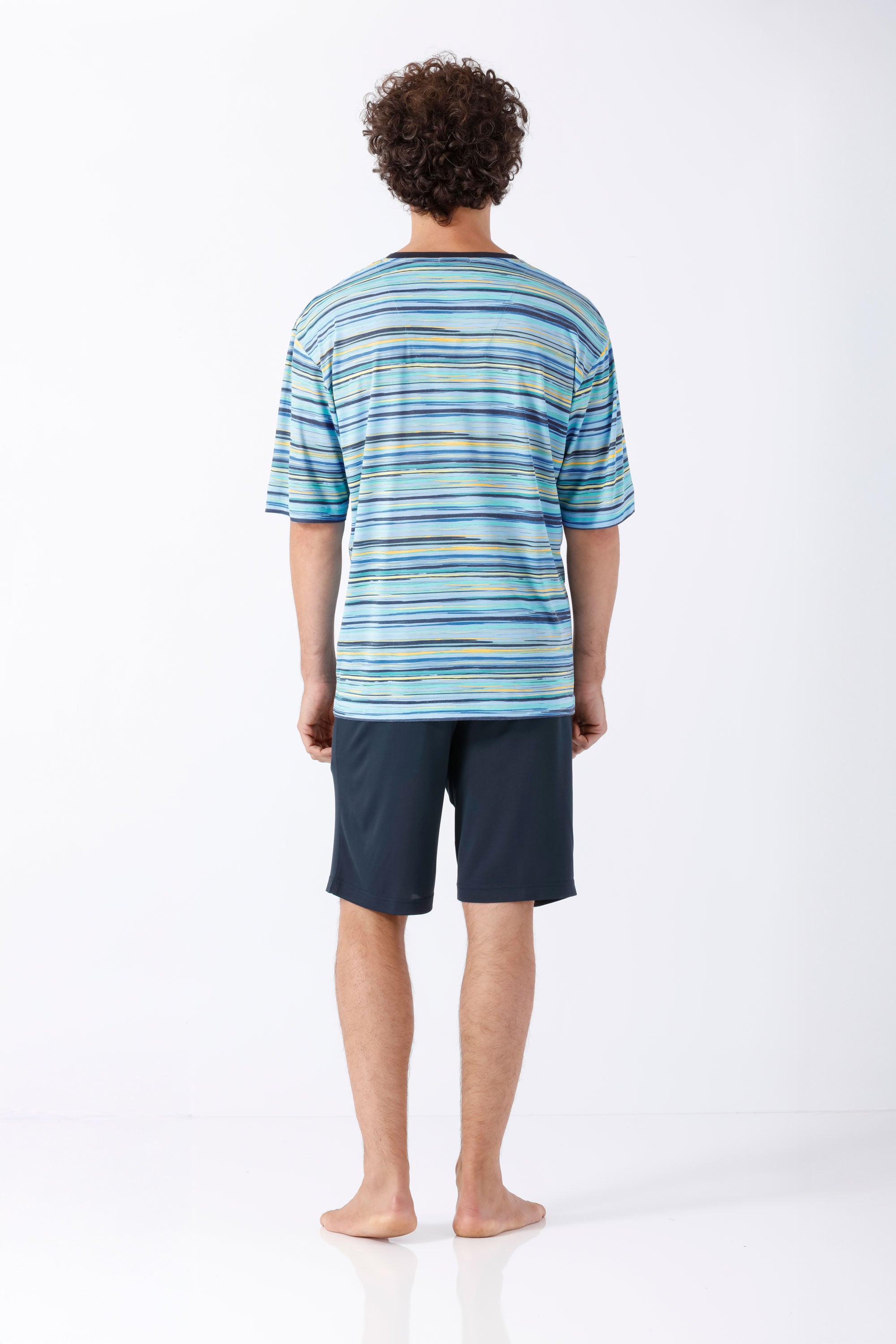 Herren Schlafanzug Shorty Bermuda Klima-Soft blau-grün gestreift