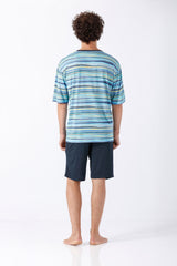 Herren Schlafanzug Shorty Bermuda Klima-Soft blau-grün gestreift