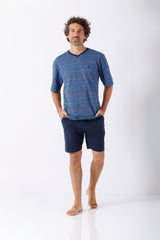 Herren Schlafanzug Shorty Premium Cotton: blauer gestreifter V-Ausschnitt-Shortsleeve-Oberteil