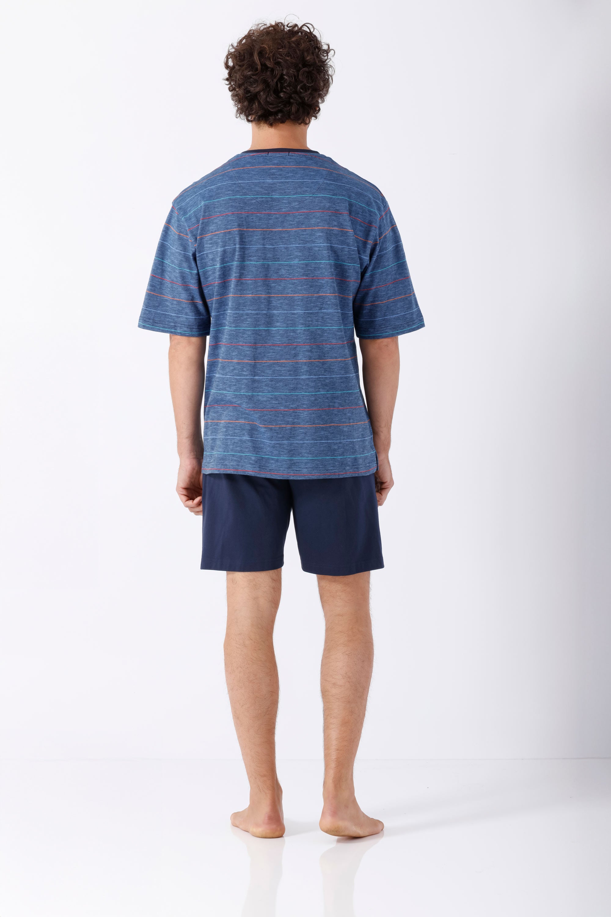 Herren Schlafanzug Shorty Premium Cotton: blauer gestreifter Kurzarm-Pyjama-Oberteil