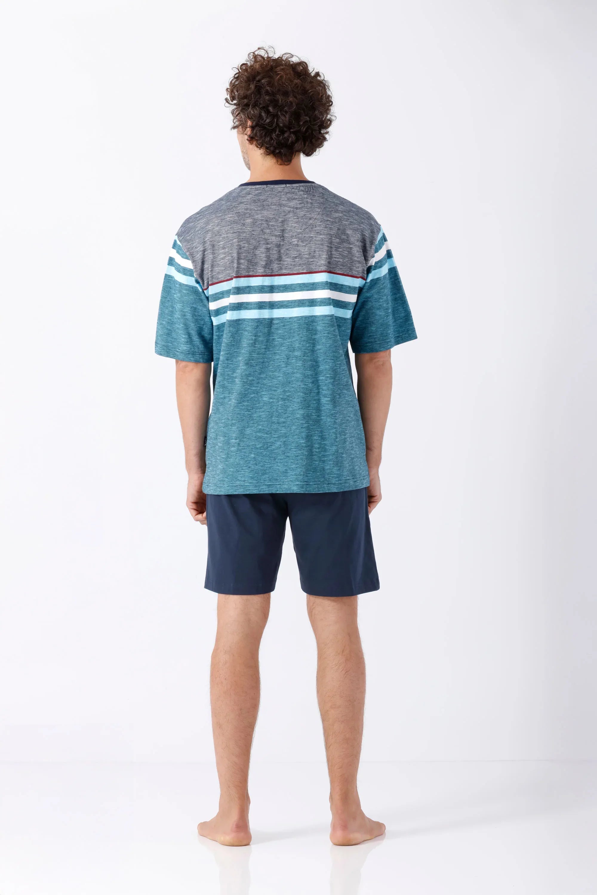 Herren Schlafanzug Shorty Premium Cotton in heathered teal-grau mit Streifen