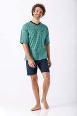 Grüner gemusterter Kurzarm-Pyjamaoberteil mit marineblauem Saum aus Premium Cotton/TENCEL™ Modal