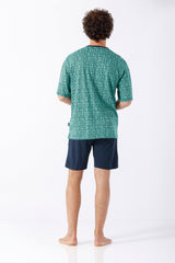 Rückenansicht: Teal kurzärmliges Hemd mit geometrischem Muster aus Premium Cotton/TENCEL™ Modal