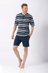 Herren Schlafanzug Shorty Premium Cotton TENCEL Modal: marine-grauer gestreifter Kurzarm-Henley-Top