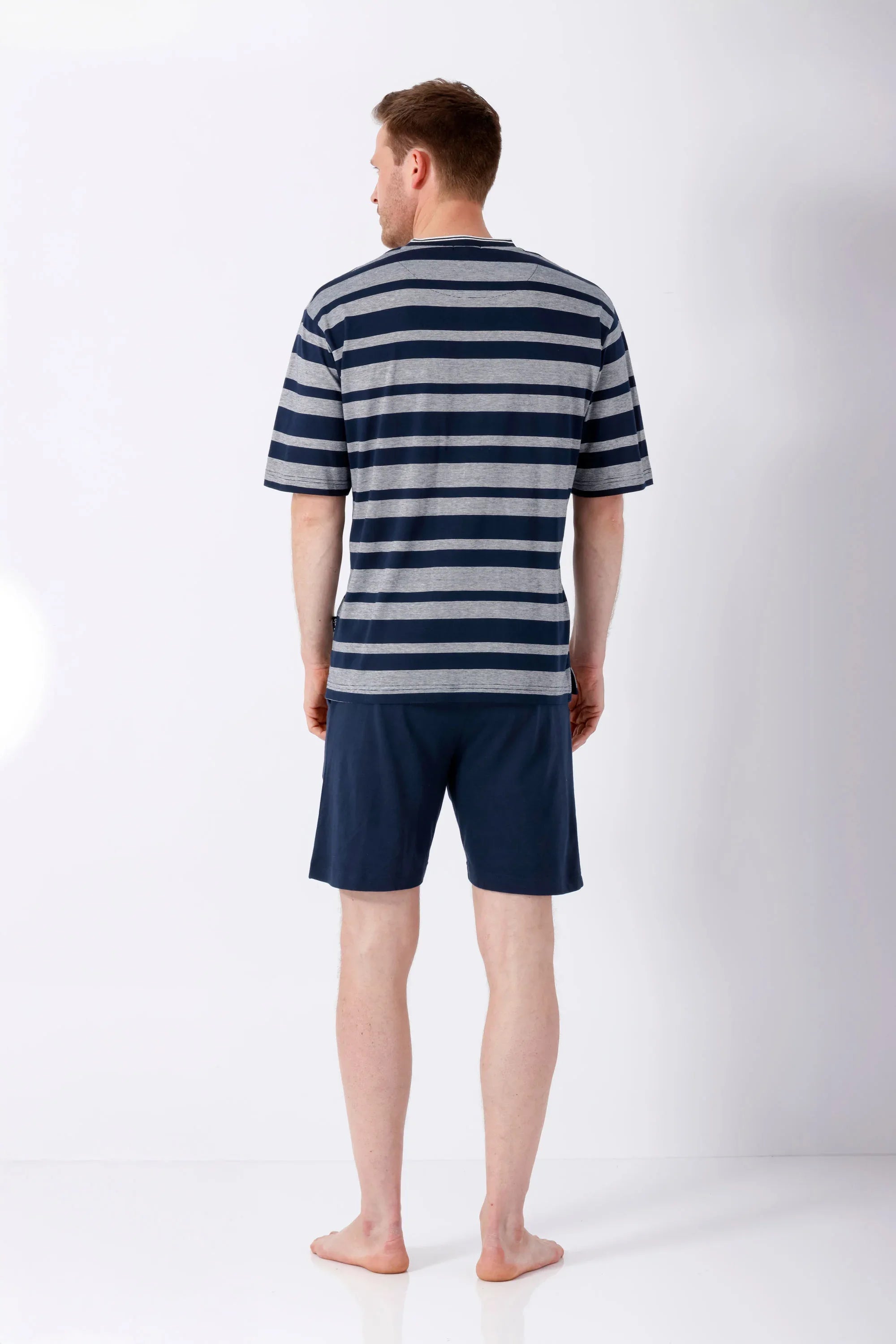 Herren Schlafanzug Shorty Premium Cotton/TENCEL™ Modal, marine-grau gestreift