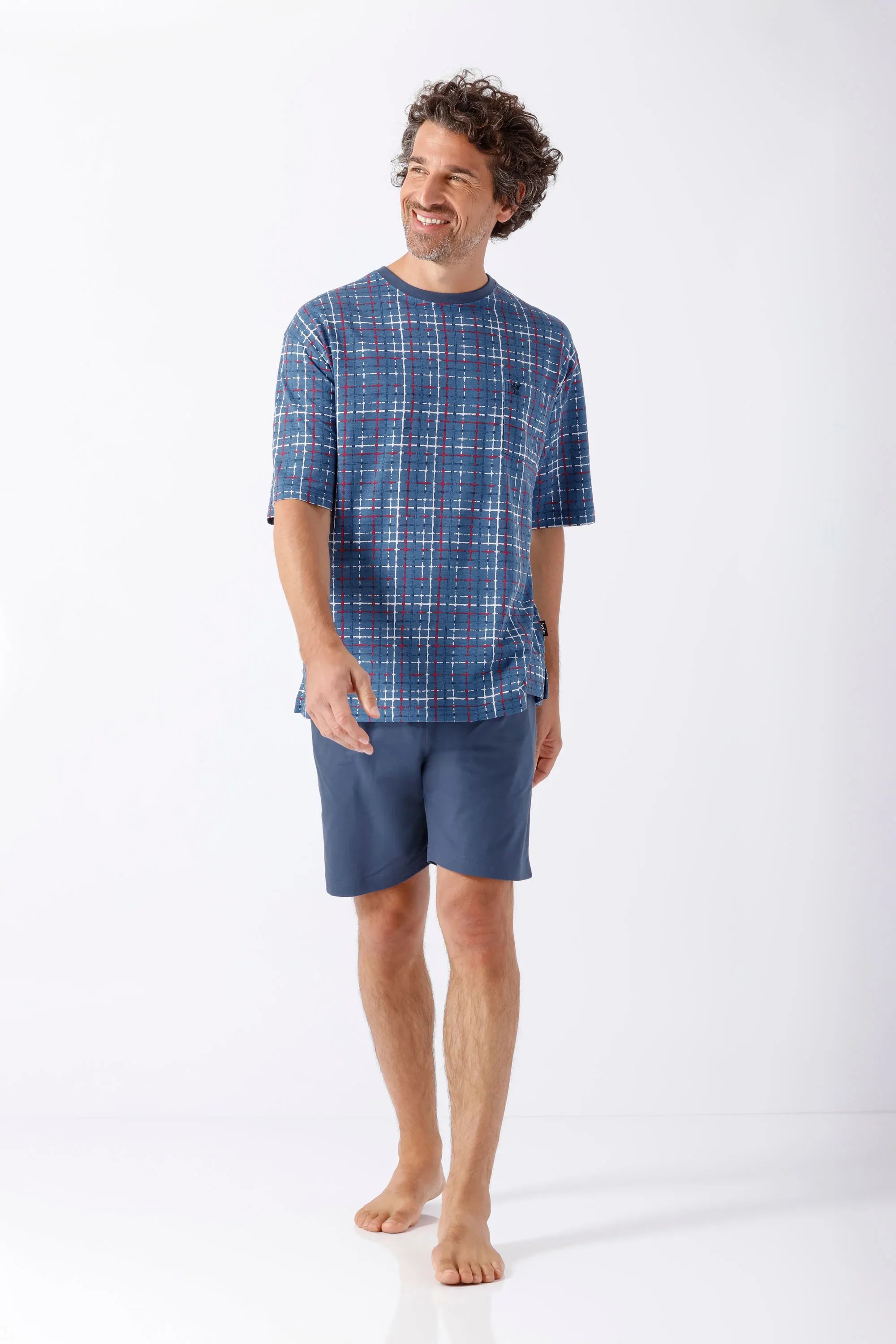 Herren Schlafanzug Shorty Klima-Light blau kariert kurzarm