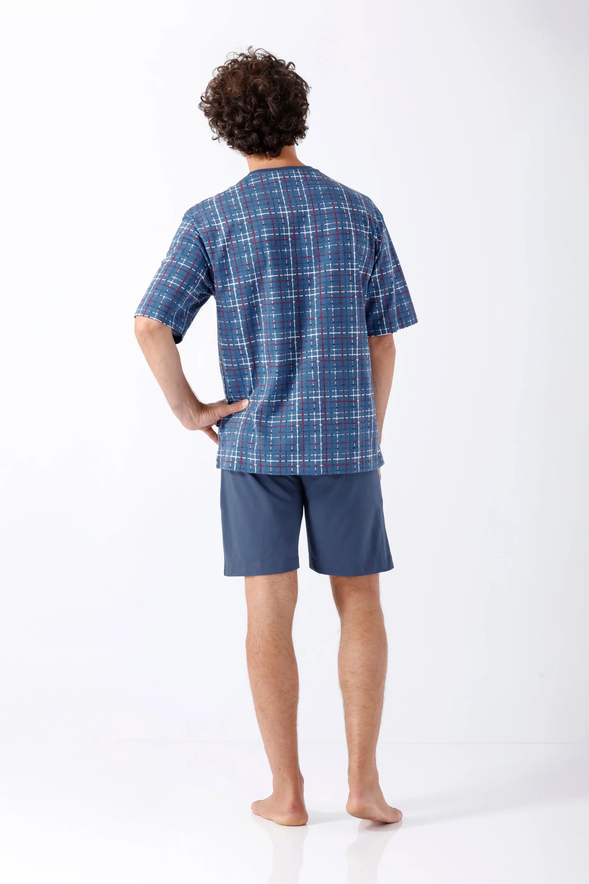 Herren Schlafanzug Shorty Klima-Light blau-weiß kariert, Vorderseite