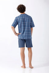 Herren Schlafanzug Shorty Klima-Light blau-weiß kariert, Vorderseite