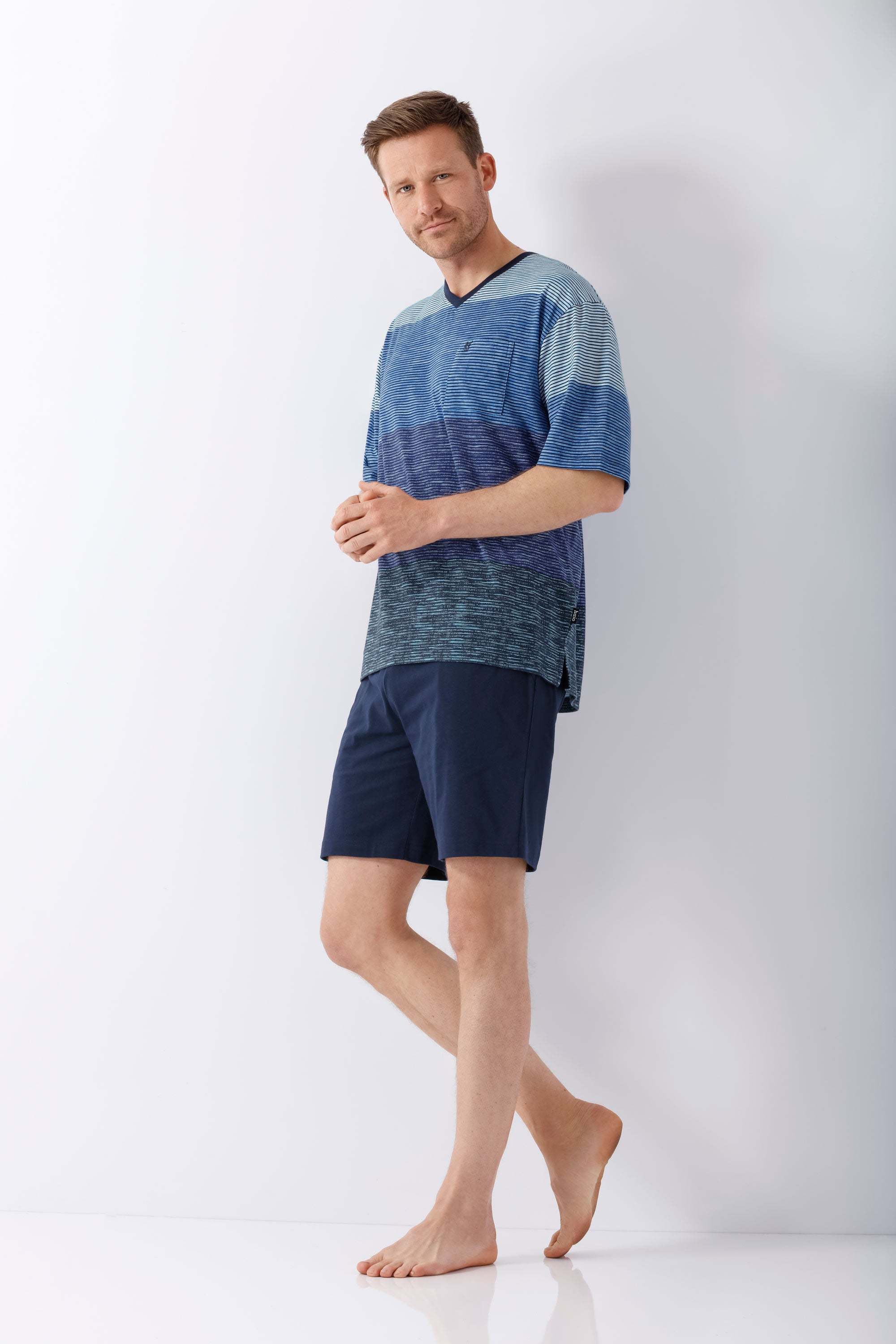 Herren Schlafanzug Shorty Klima-Light blau-gradient mit Navy-Shorts