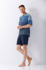 Herren Schlafanzug Shorty Klima-Light blau-gradient mit Navy-Shorts