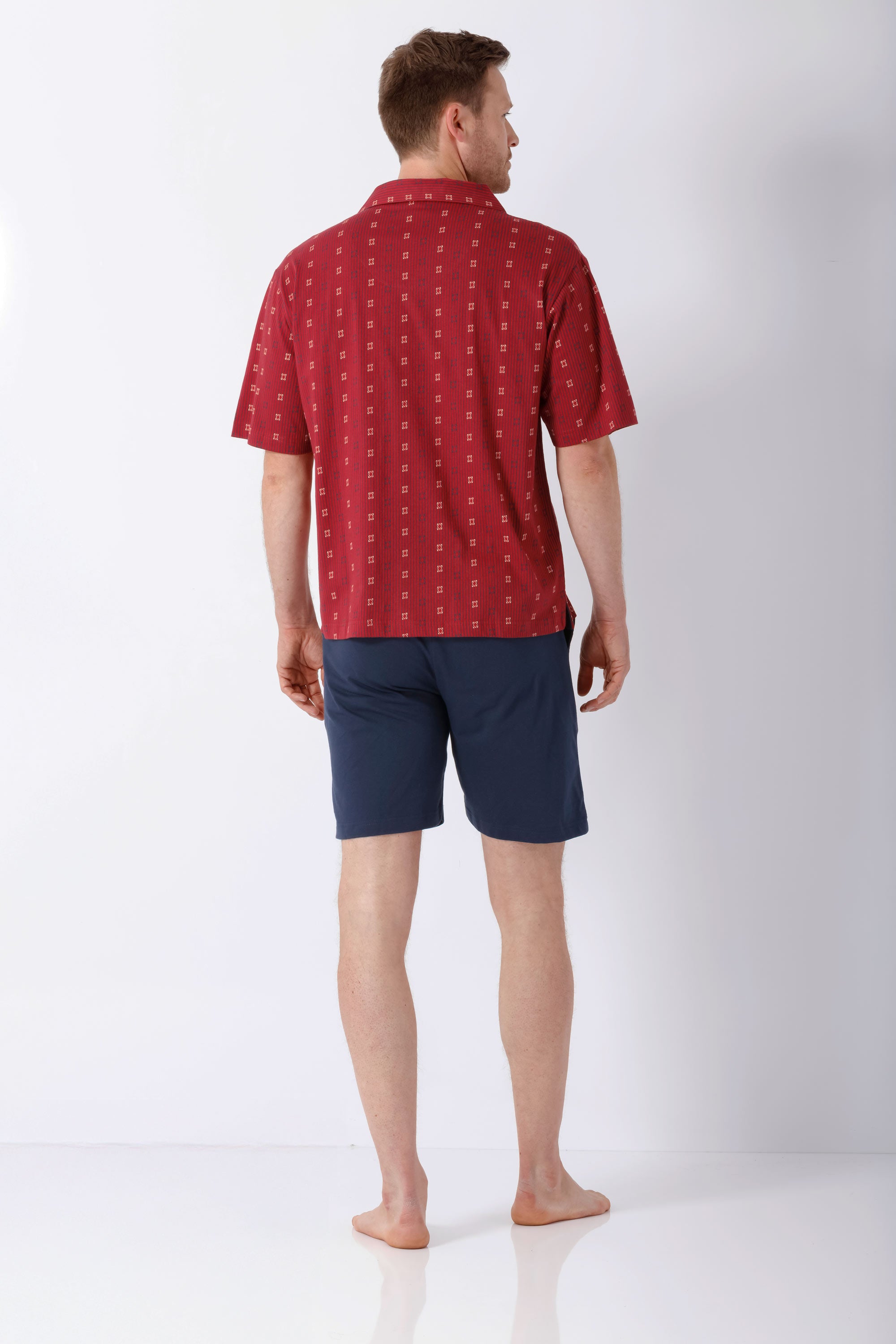 Rotes Kurzarm-Hemd mit subtiler Geometrie, Klima-Light Pyjama Shorty Herren